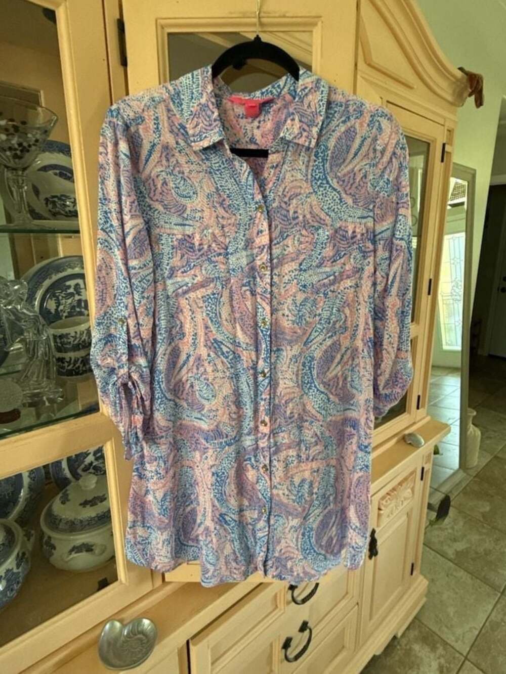 Lilly Pulitzer Natalie Cover-Up Shirt Dress in Blue and Pink Paisley
